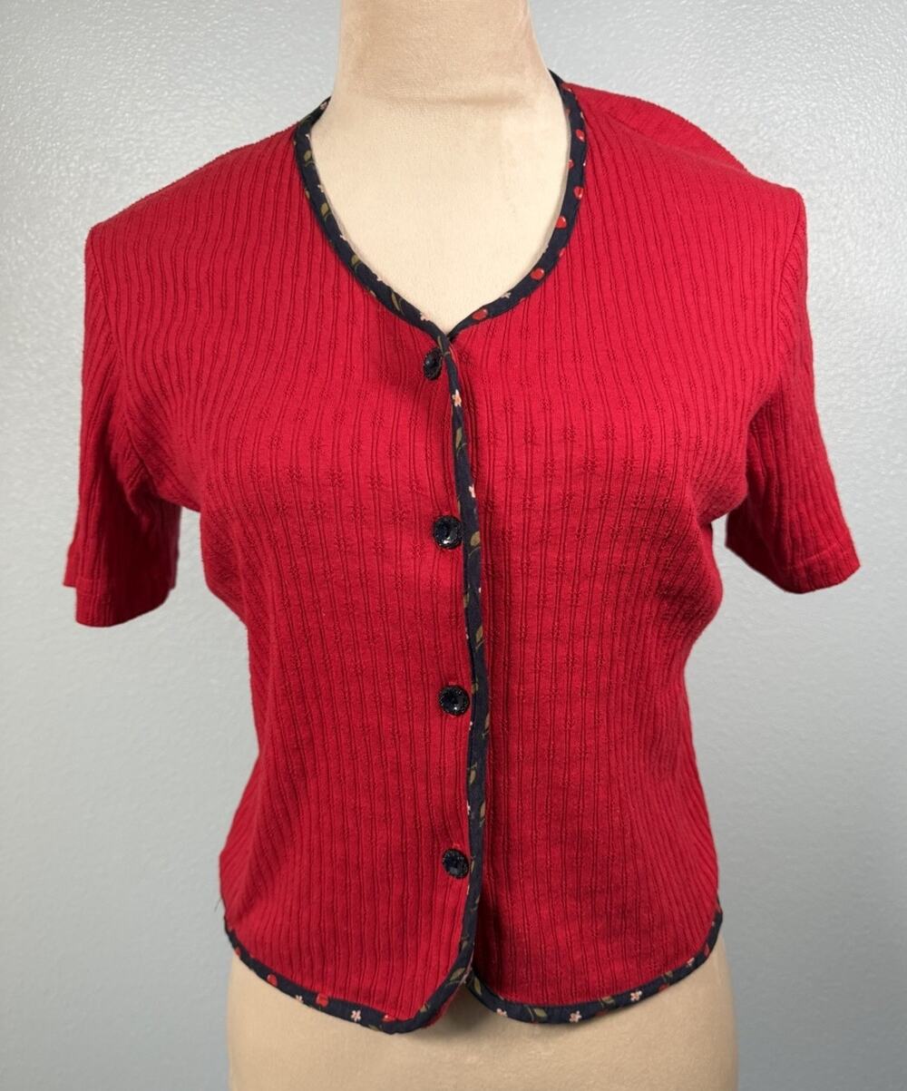 Vintage Paquette Red Ribbed Short Sleeve Cardigan Floral Trim Y2K Preppy Floral